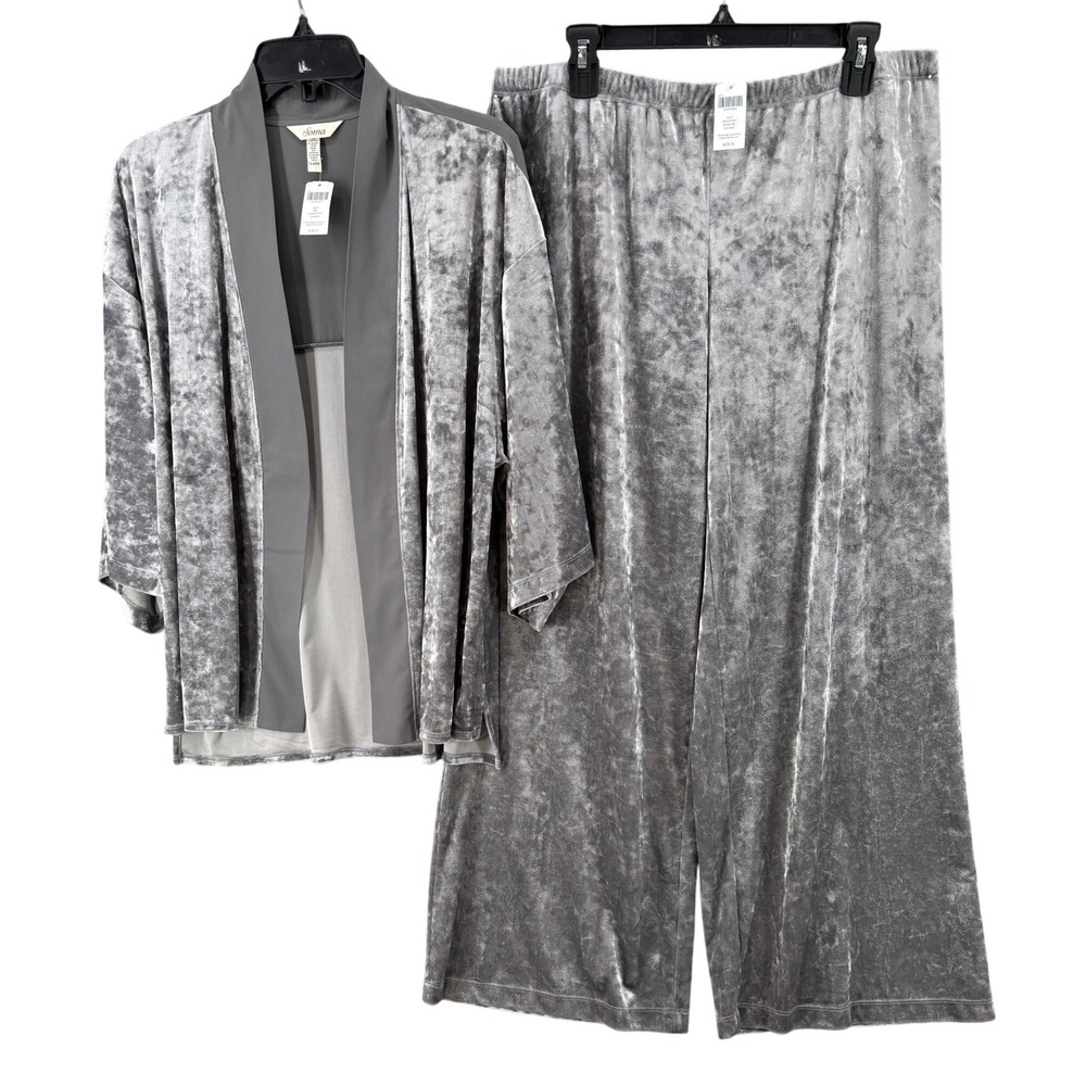 NWT Soma Set Pajamas Sz XL Gray Velvet Wrap Top Wide‎ Leg Pants Loungewear